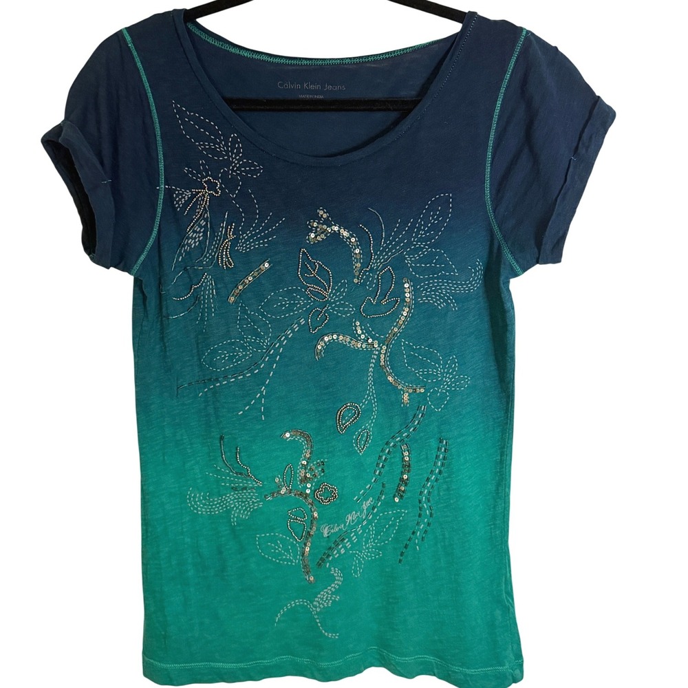 Calvin Klein Y2K Ombre Beaded Sequin Tee PS Indie Celestial Artsy Boho